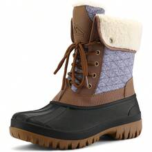 PENNYSUE Women's Waterproof Insulated Snow Boots, Warm Lace Up Mid Calf Duck Boots For Outdoor And Winter Wear - 棕色/灰色 - 查看 11