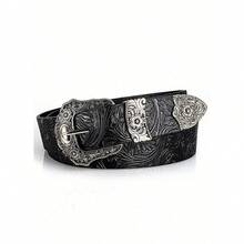 1pc Boho-Chic Black Faux Leather Belt With Vintage Oval Hollow Buckle - Versatile For Jeans, Dresses & Casual Wear - 黑色-b - 查看 1