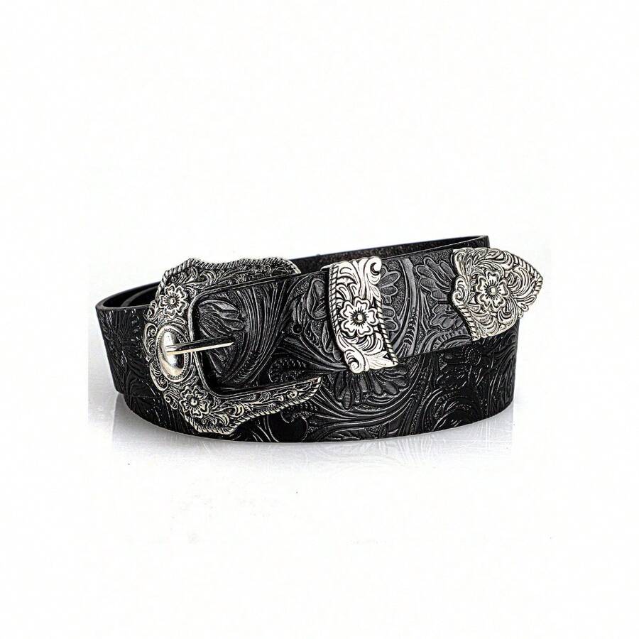 1pc Boho-Chic Black Faux Leather Belt With Vintage Oval Hollow Buckle - Versatile For Jeans, Dresses & Casual Wear - 黑色-b - 查看 1