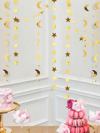 4 Sets Of Star And Moon Flag Sets, Ramadan Pendant,Golden Moon Star Garland Ramadan Decoration Shimmering Little Stars Two The Moon Birthday Party Decoration Graduation Decoration Starry Sky New Year Eve Banner Hanging Stars Baby Shower EID Muburak Decoration