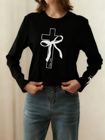 1pc Casual Printed Long Sleeve T-Shirt For Tween Girls, Spring/Autumn, Fashionable, Warm And Comfortable Design For Young Students And Teenagers