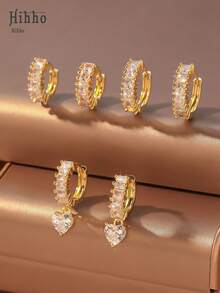 Hihho 3pairs/set Cubic Zirconia Decor Earrings - Yellow Gold - View 7