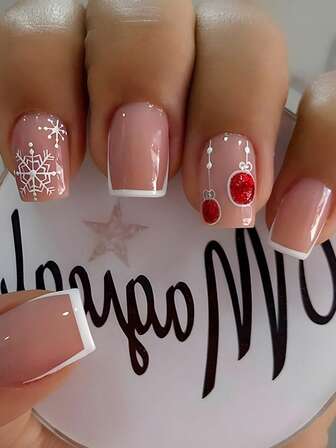 24pcs Christmas Press On Nails Short French Nails Y2k Dusty Pink Nails Square Fashion Ombre Glitter Geometric Stripe Geometry Stripe Snowflake Red Round Dot 3d Pattern Simple Style Reusable Press On Acrylic Nails Fake Nails Supplies Free Of 24 Pieces Of Jelly Tabs And A Mini File