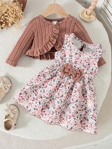 秋冬女婴可爱粉色毛绒荷叶边开衫和无袖花卉领结连衣裙两件套 - 藕粉色 - 查看 1