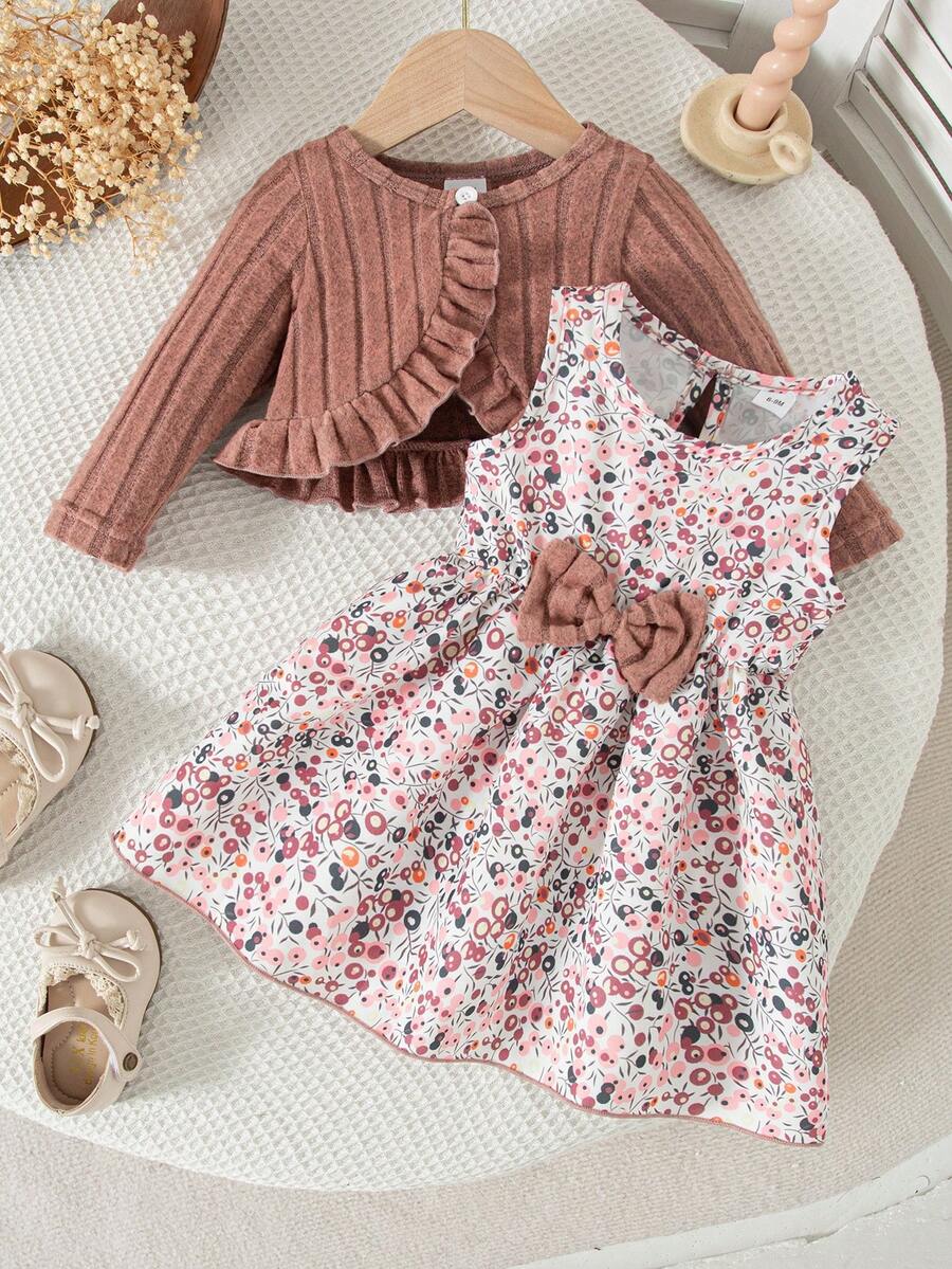 秋冬女婴可爱粉色毛绒荷叶边开衫和无袖花卉领结连衣裙两件套 - 藕粉色 - 查看 1