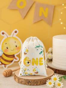 6个蜜蜂主题礼品袋，可重复使用，带抽绳，花朵蜜蜂图案，适合一周岁生日派对装饰、婴儿派对礼品包装、糖果袋、家庭聚会礼品包装用品、家庭节日派对装饰、一周岁生日礼物、派对小礼物 - 彩色 - 查看 8
