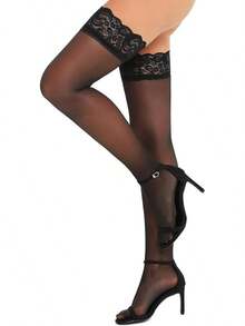 Women's Lace Top Thigh High Sheer Stockings Antiskid Silicone Ultra Shimmery Pantyhose - 裸體 - 查看 5