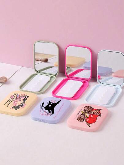 1 Set Candy Color Folding Makeup Mirror And Comb Set, Ins Style Pattern Compact Travel Portable Handheld Square Makeup Mirror, Mini Hair Brush For Daily Use,Makeup,Cheap,Room Decor,Vanity,Travel,Bedroom,Makeup Accessories,Mirror,Vanity Mirror