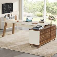 Tribesigns Escritorio en forma de L de 200 cm, escritorio ejecutivo con gabinete de 140 cm, escritorio de oficina grande con estantes de almacenamiento, escritorio de computadora moderno para oficina en casa - Blanco y nogal - Ver 4
