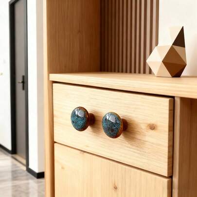 33mm Vintage Blue Glazed Ceramic Round Knob - Polished Metal Finish, Antique Drawer Pulls For Vanity And Cabinet Doors, Home Decor Handles, Retro Home Decor | Vintage Knob Design | Smooth Finish Knob, Cabinet Knob