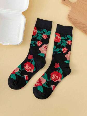 1双女士多色玫瑰花中筒袜，浪漫个性，柔软舒适，适合日常穿着