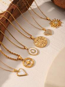 1件太阳与心形吊坠项链，镶嵌水钻，白色贝壳项链，精致首饰，适合女性日常佩戴 - 彩色 - 查看 3