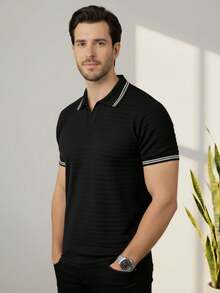 Men's Basic Casual Polo Shirt With Striped Collar And Sleeves, Comfortable Premium Piqué Knit - 黑色 - 查看 1