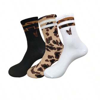 3双装豹纹休闲运动透气中筒袜，男女通用，秋冬季