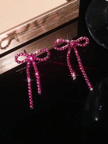 一对优雅时尚爪链焊接蝴蝶结流苏耳环，适合女士日常佩戴 - 玫紅色 - 查看 2