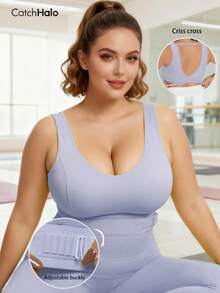 Plus Size Criss-Cross Back Sports Bra, Light Purple, Wide Straps, Medium Support, Adjustable, Breathable, Suitable For Yoga, Pilates, Daily Workout, Women Plus Size Fitness Top - 淡紫色 - 查看 10