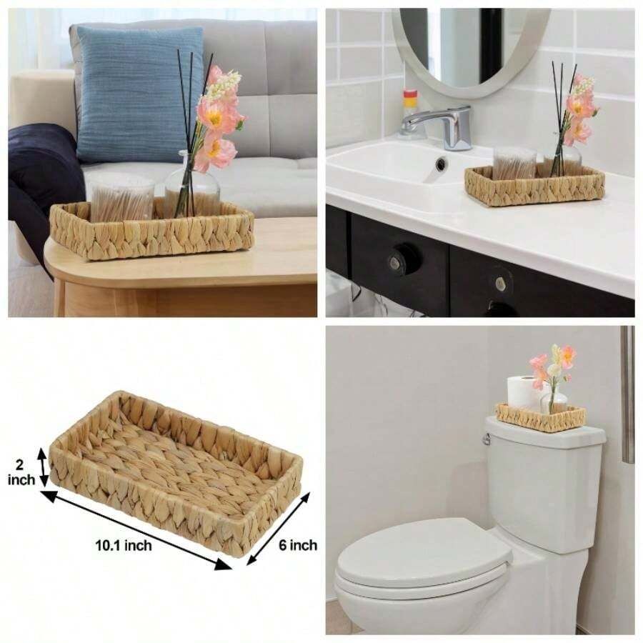Bathroom Tray Countertop, 10 Inch Hyacinth Bathroom Basket, Toilet Bathroom Vanity Tray, Rattan Wicker Tray Bathroom Decor Coffee Table Small - 10.1" X 6" X 2" - View 1