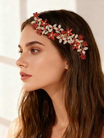 1pc European & American Style Bridal Headpiece, Floral Rhinestone Hair Comb Accessory, Red Long Hair Clip For Updo