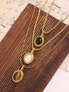 1 件复古椭圆形黑白棕色宝石吊坠项链 18K 镀金不锈钢小巧可爱吊坠项链女士珠宝礼物