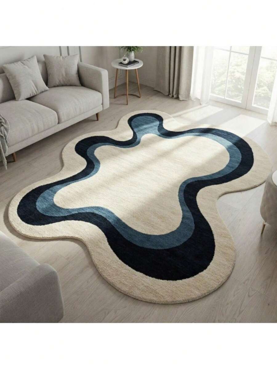 1pc Artistic Wave Carpet, Large Area Living Room Carpet, Creative Blue & White Color, Soft & Fluffy Bedroom Decor Carpet, Fashionable Lounge Carpet, Asymmetrical Shape, Anti-Slip Mat For Closet, Study, Office - Navy Blue - View 1