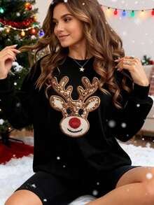 Christmas Outfit WomenWomen's Christmas Reindeer Sequin Applique Sweatshirt Long Sleeve Rib-Knit Pullover Round Neck Regular Fit Warm Lined TopLoose And Comfortablelong Sleeve Tops Women Thanksgiving Outfit Women - màu đen - Xem 1