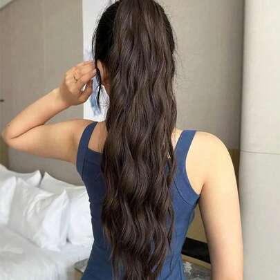 自然黑色真人发波浪卷发夹式马尾接发，适合日常佩戴，8英寸、18英寸、26英寸可选，优雅卷曲波浪马尾接发，真人发