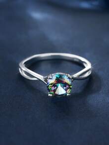 1 Piece S925 Sterling Silver Double Layer Ring, Four-Prong Round Cut Cubic Zirconia With Rainbow Plating, Hypoallergenic Stacking Jewelry For Women, Perfect Daily Luxury Gift. - Multicolor - View 11