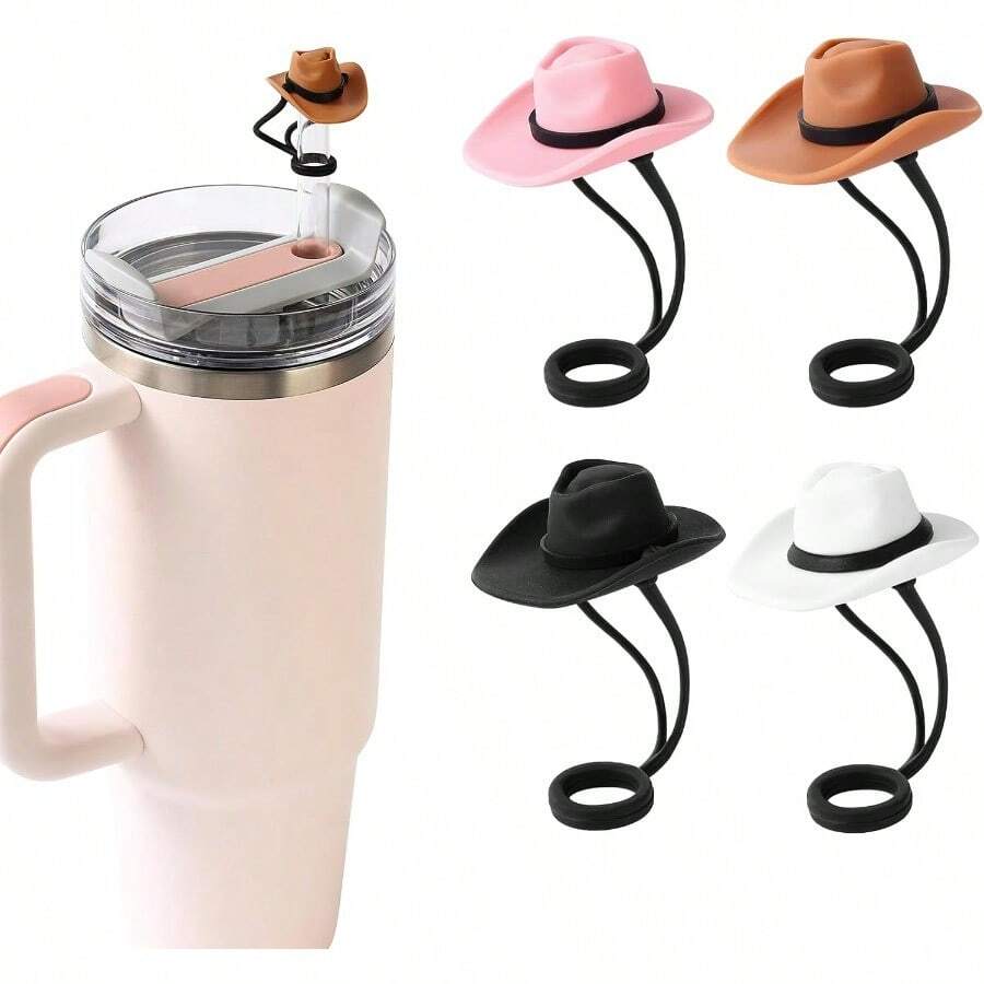 4 Pack Silicone Cowboy Hat Straw Covers Cap Compatible With Stanley Cup 30 40 Oz Cute Funny Tumbler Straw Topper Accessories For Man And Woman Christmas Gift - Mũ cao bồi - Xem 1