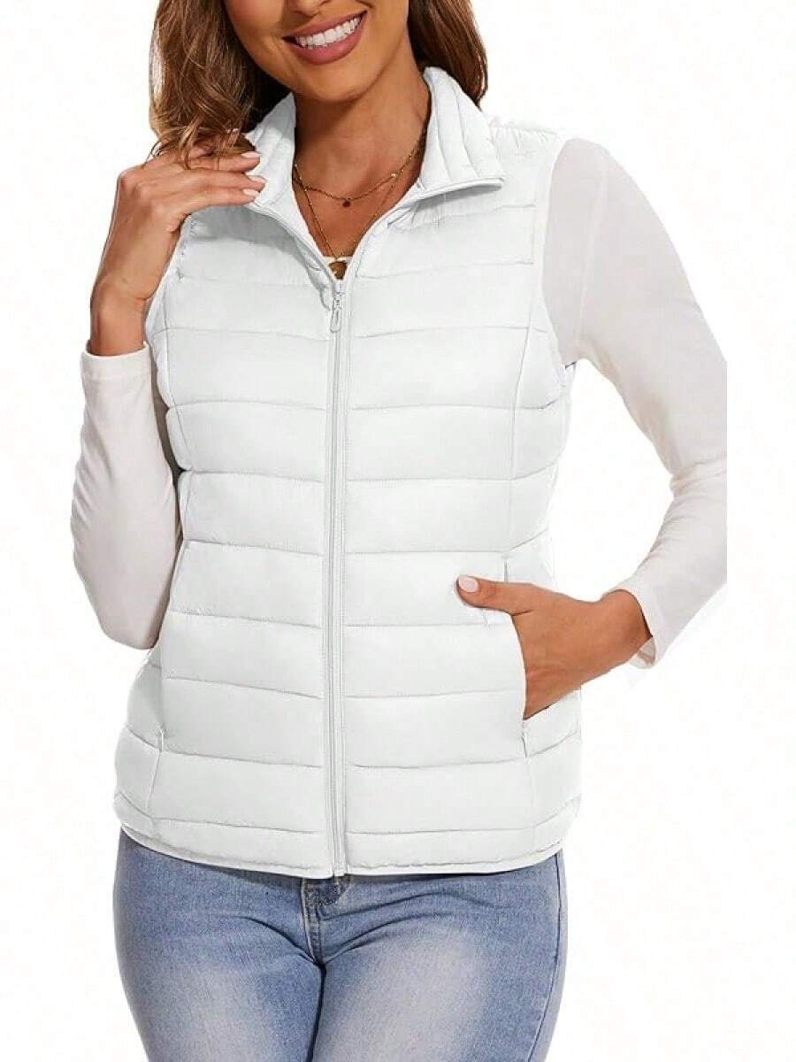 2026 Women's Essential Warm Vest  Lightweight Quilted Puffer Vest Sleeveless Stand Collar Zip-Up Padded Outerwear Gilet ,Classic Versatile For Seasonal Outdoor Use - 白色 - 查看 1