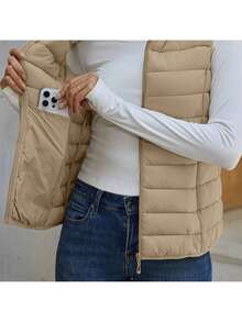 2026 Women's Essential Warm Vest  Lightweight Quilted Puffer Vest Sleeveless Stand Collar Zip-Up Padded Outerwear Gilet ,Classic Versatile For Seasonal Outdoor Use - 卡其色 - 查看 4