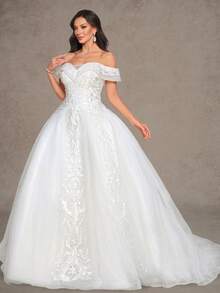 Women's Off-Shoulder Elegant Lace Ball Gown Wedding Dress, Formal Floor-Length Bridal Gown - White - View 5