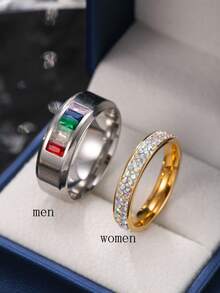 两枚优雅不锈钢情侣戒指，镶嵌彩色水晶元素，适合日常佩戴、节日、订婚、婚礼、送礼（含礼盒）