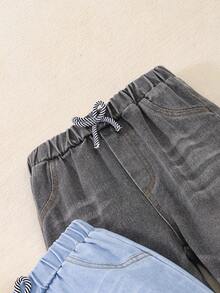 3pcs/Set Kids Light & Medium Blue Washed Denim Jeans, Boys Casual Elastic Waist Pants For Spring & Autumn - Khaki - View 4