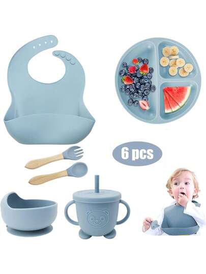 6 PZS Silicona Platos para Bebe, Set de Alimentación para Bebé, Sin ,Antideslizante, Fácil de Limpiar, Apto para Microondas, Regalos de Navidad para Bebé