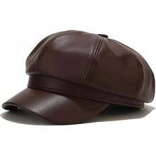 Women's PU Leather Newsboy Cap 8 Panel Paperboy Newsie Cap Bakerboy Beret Cabbie Hat, Fashionable Headwear - Dark Brown - 查看 1