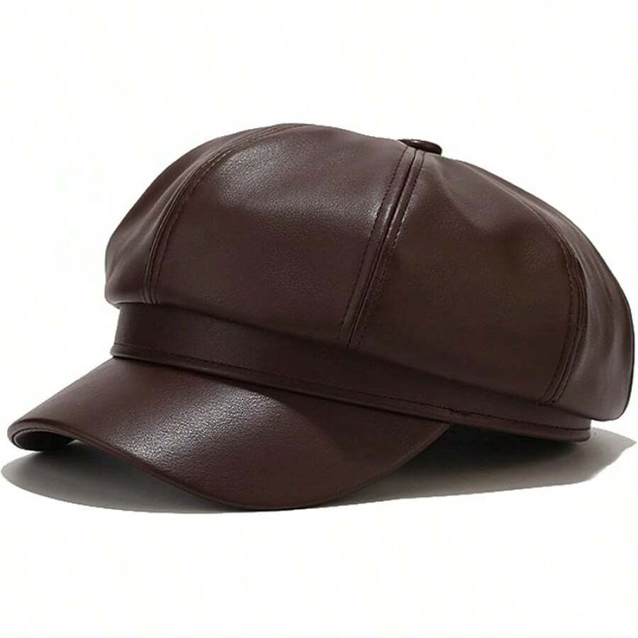 Women's PU Leather Newsboy Cap 8 Panel Paperboy Newsie Cap Bakerboy Beret Cabbie Hat, Fashionable Headwear - Dark Brown - 查看 1