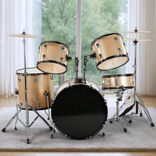 Full Size Adult Drum Set 5-Piece Champagne With Bass Drum, Two Tom Drum, Snare Drum, Floor Tom, 16" Ride Cymbal, 14" Hi-Hat Cymbals, Stool, Drum Pedal, Sticks - 預設 - 查看 3