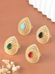 1 Pc Vintage-Inspired, Luxurious Palace-Style Hollow Cubic Zirconia Ring For Women, Featuring A Wide Band With Water Drop/Pear-Shaped Design. This 18K Gold-Plated Adjustable Ring Is The Perfect Accessory For Banquets, Gatherings, And Parties, And Makes An Ideal Gift For Female Friends.