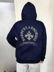 女士连帽运动衫，时尚印花休闲宽松套头衫，秋冬 - 藏蓝色 - 查看 2