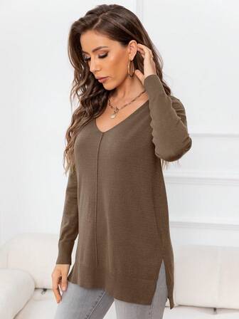 DEARCASE Women's V-Neck Solid Color Long Sleeve Loose Casual Pullover Sweater