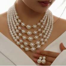 1 Set Women's Jewelry - Includes 1 Faux Pearl Necklace + 1 Pair Faux Pearl Earrings - Elegant Luxurious Multi-Layer Faux Pearl Necklace And Simple Chic Faux Pearl Earrings, Suitable For Formal Events | Gift For Women | Accessory For Evening Gowns - Multicolor - View 3