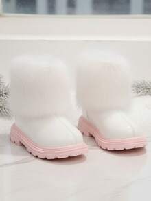 1双白色保暖毛绒领女童雪地靴，防滑耐穿，时尚粉色橡胶软底，后拉链设计，公主风PU皮靴，适合3-15岁女孩日常活动、户外活动、滑冰、打雪仗，2025冬季新款女童鞋 - 粉色 - 查看 3