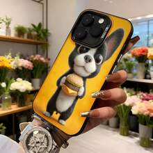 Cubierta de teléfono con diseño de perro francés sosteniendo hamburguesa amarilla para iPhone funda protectora con estampado divertido y estilo lindo ideal para uso diario y regalos Aplicable a los teléfonos de la serie Apple y Galaxy - Negro - Ver 6