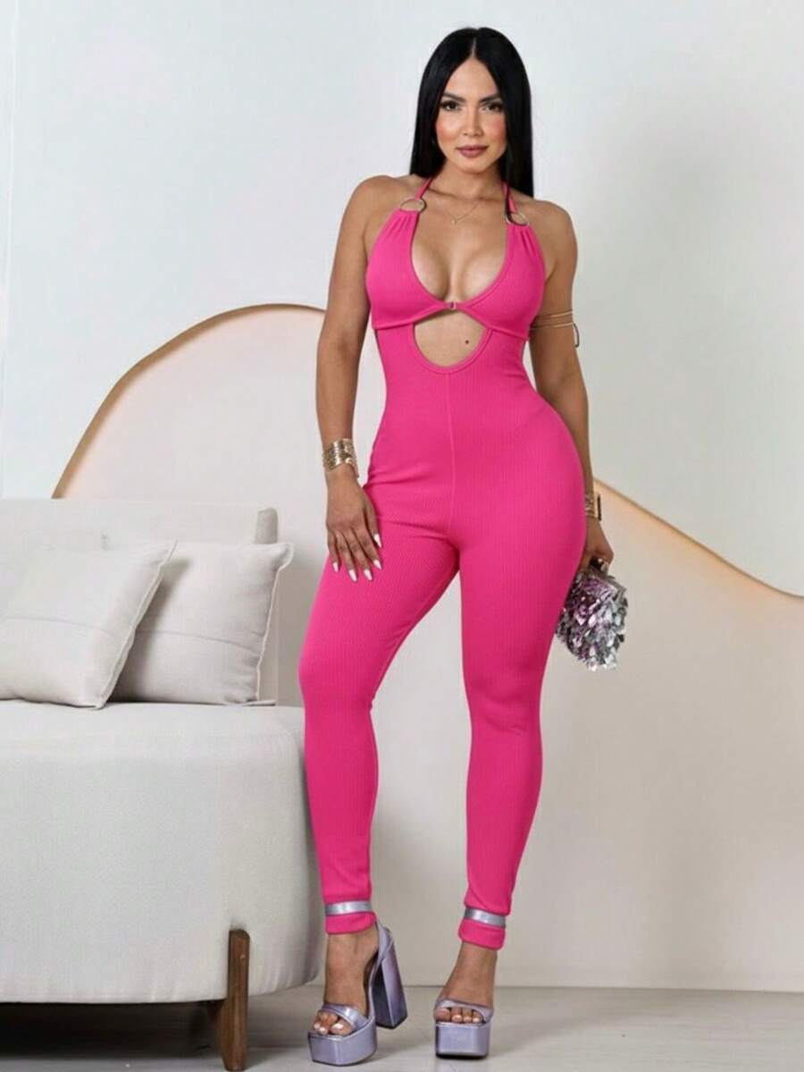 Perla Jumpsuit - Women's Skinny Jumpsuit With Tie Neck And Halter Neck Tie Back - Perfect For Christmas, New Year's Eve, And New Year's Eve - Women's Dresses - 玫紅色 - 查看 1