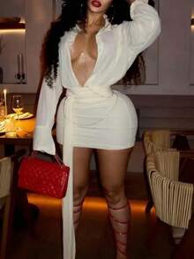 夏季女装长袖上衣外出开衫系带连衣裙性感短裙 - 杏色 - 查看 11