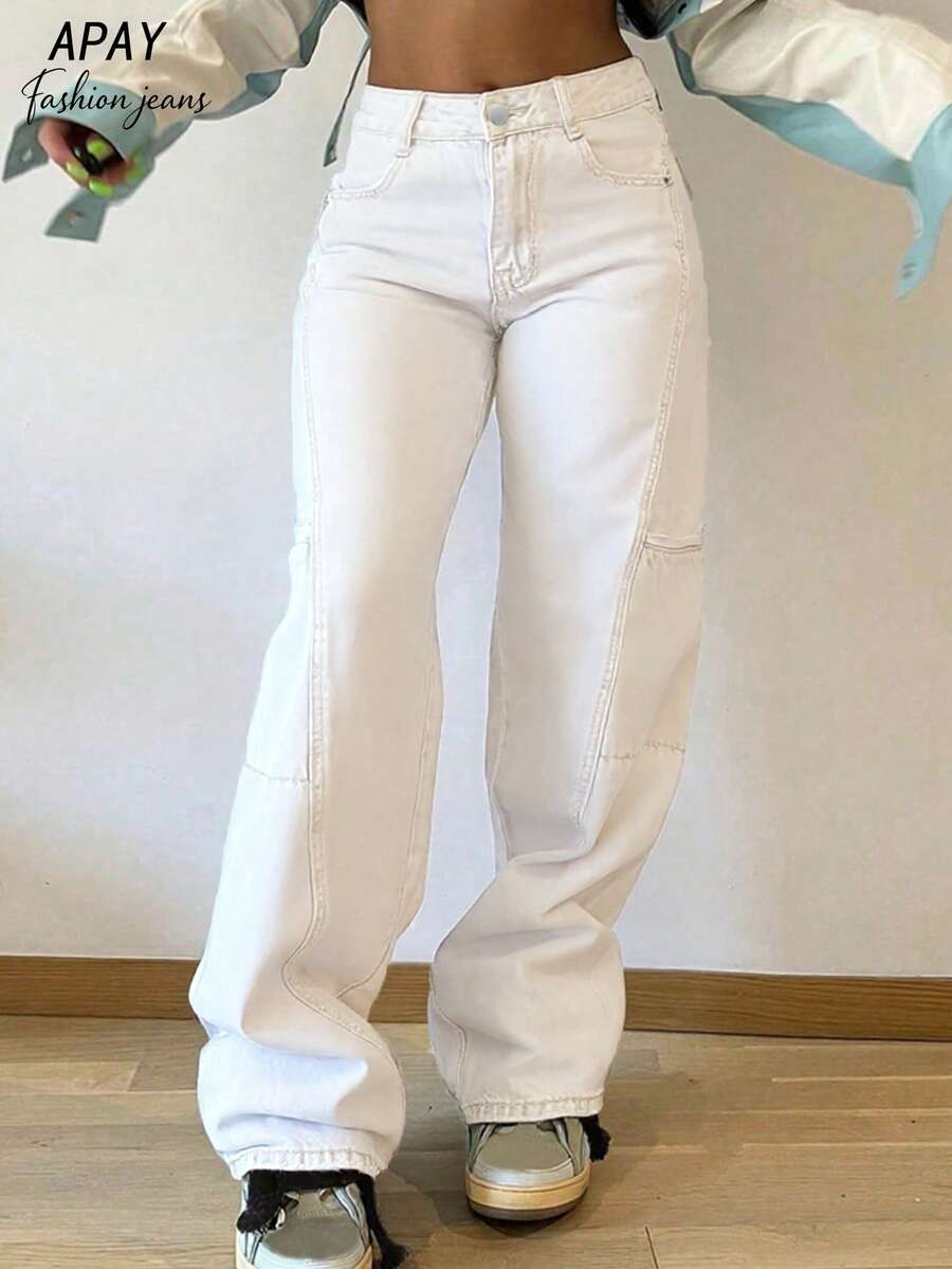 Women's Mid-Rise Straight-Leg White Patchwork Casual Cargo Jeans - Suitable For Daily Commute And Streetwear Spring