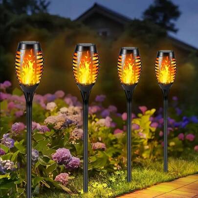 4Pack Solar Torch Lights Outdoor Garden Decoration, Flickering Flame Effect LED Garden Torch Lights, Plastic Solar Powered Landscape Lighting For Yard, Patio, Party, BBQ, Halloween, Christmas, Perfect Mother's Day Gift, Easter Day Gift