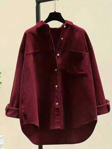 Comfortable Plus Size Corduroy Blouse Featuring Long Sleeves Button Front With Asymmetrical Hem - Burgundy - View 1