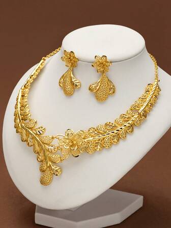 3Pcs Luxury Exquisite Beautifully Three-Dimensional Flower Olive Branch Plated 18k Gold Necklace Earrings Sets, Suitable For Women Girls Wedding Party Daily's Wear