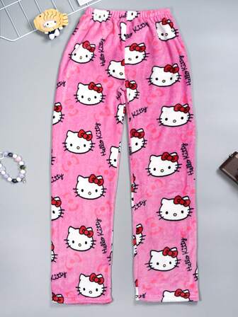 Sanrio Autumn/Winter New Flannel Rose Red Home Pants, Casual Loose Cute KT Printed Sleep Pants, Elegant Pair With Home Clothes For Couples